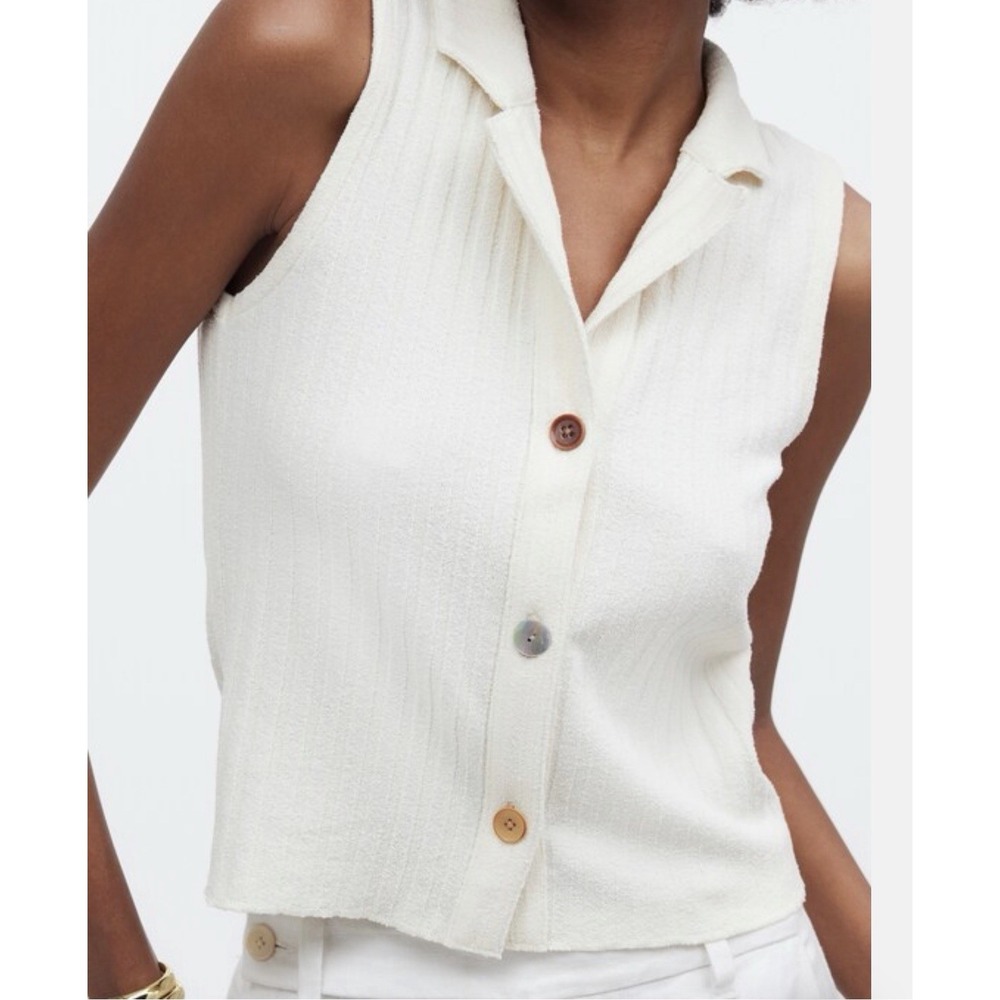 Madewell Sz Large Sweater Vest White V-Neck Button Front Ribbed Stretch Knit Top